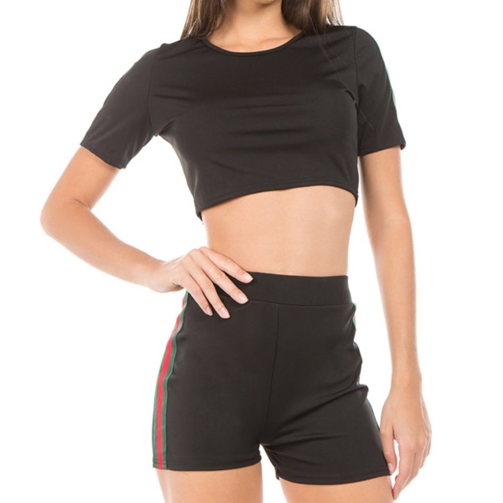 Striped Detail Sporty Casual Crop 2 Piece Set.